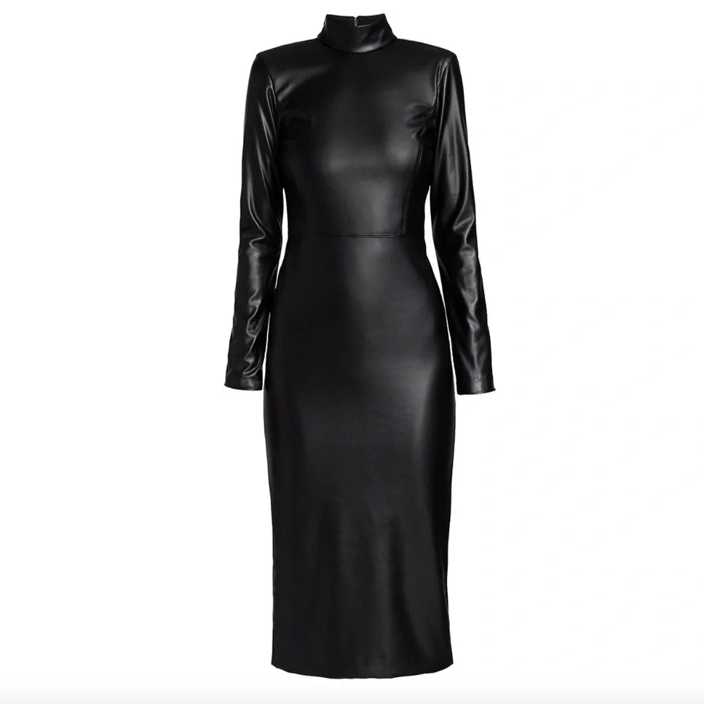 NWT $330 ALICE + OLIVIA Delora Faux-Leather Mock-Neck Open-Back Dress in size 0!